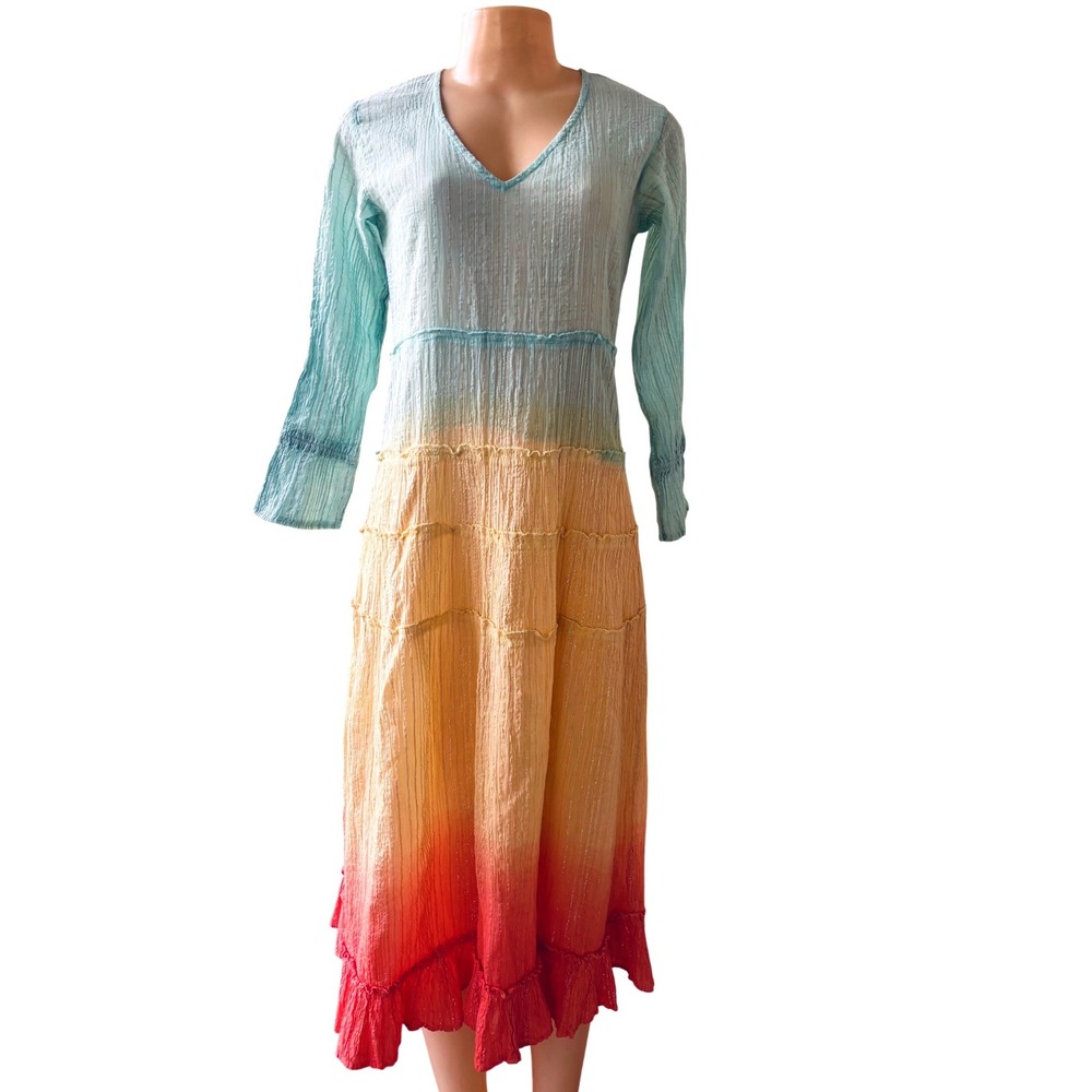 Debbie Katz South Beach Ombre Maxi Dress S Cotton Boho Tiered Metallic Shimmer